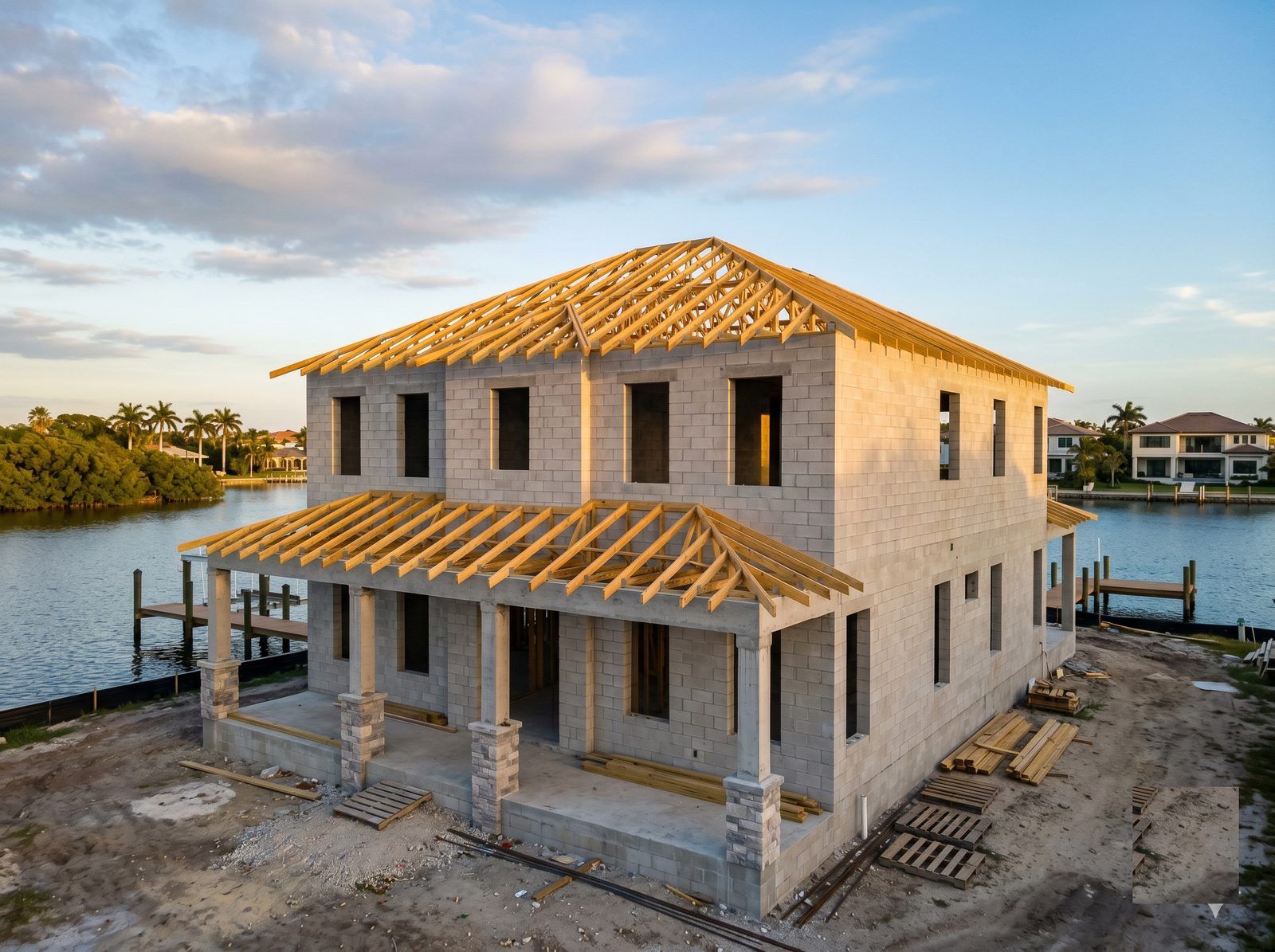 Luxury waterfront custom home shell with block walls and roof trusses under construction in coastal Florida