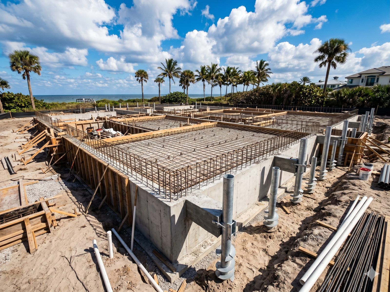 Reinforced concrete foundation with steel rebar grid and pile caps on a coastal Florida lot
