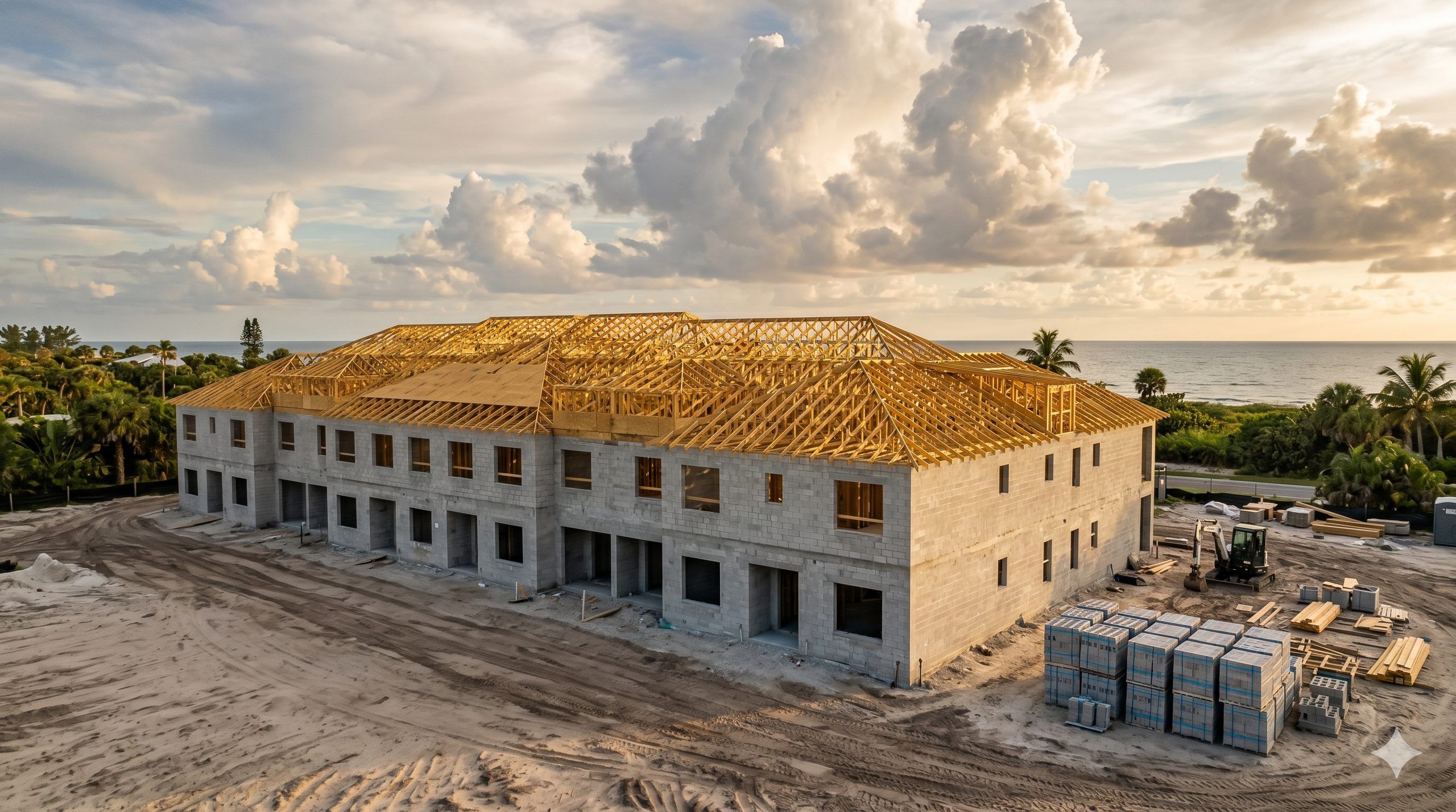 Luxury multi-family residential shell at golden hour on the Florida coast