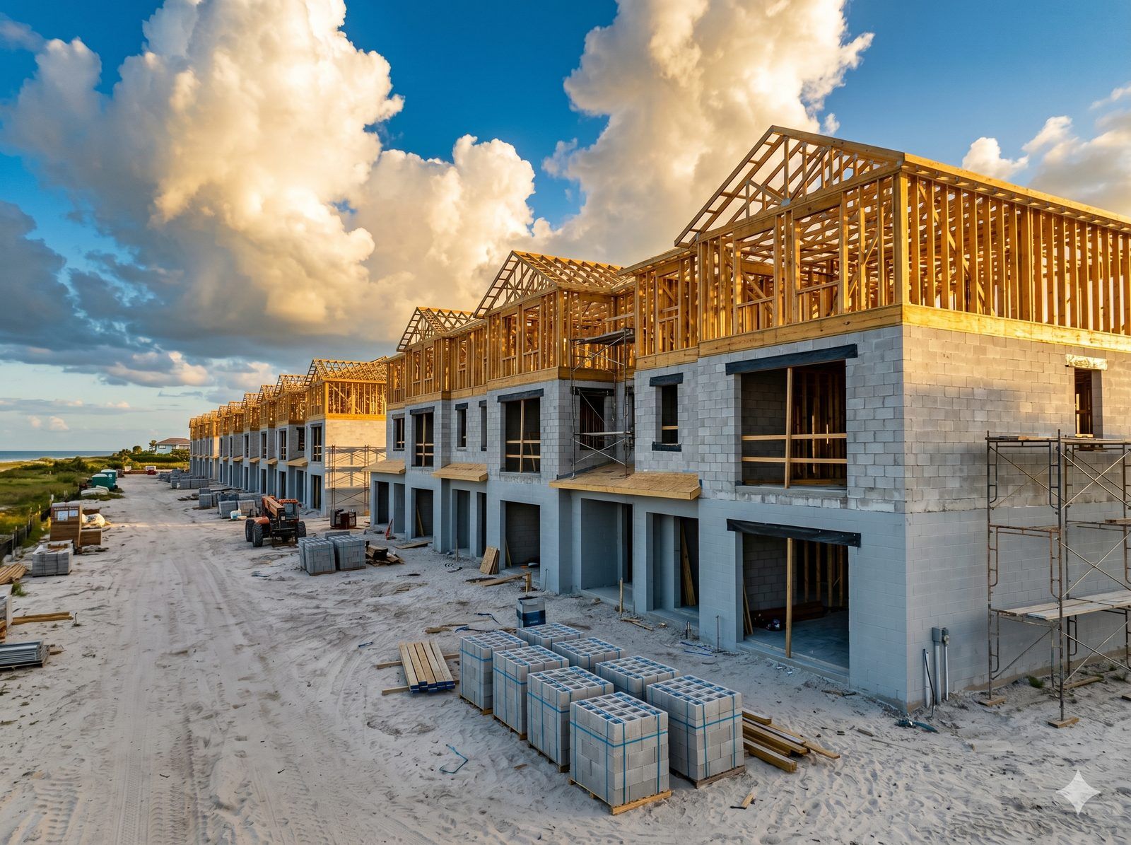 Row of luxury multi-family townhome shells under construction at golden hour